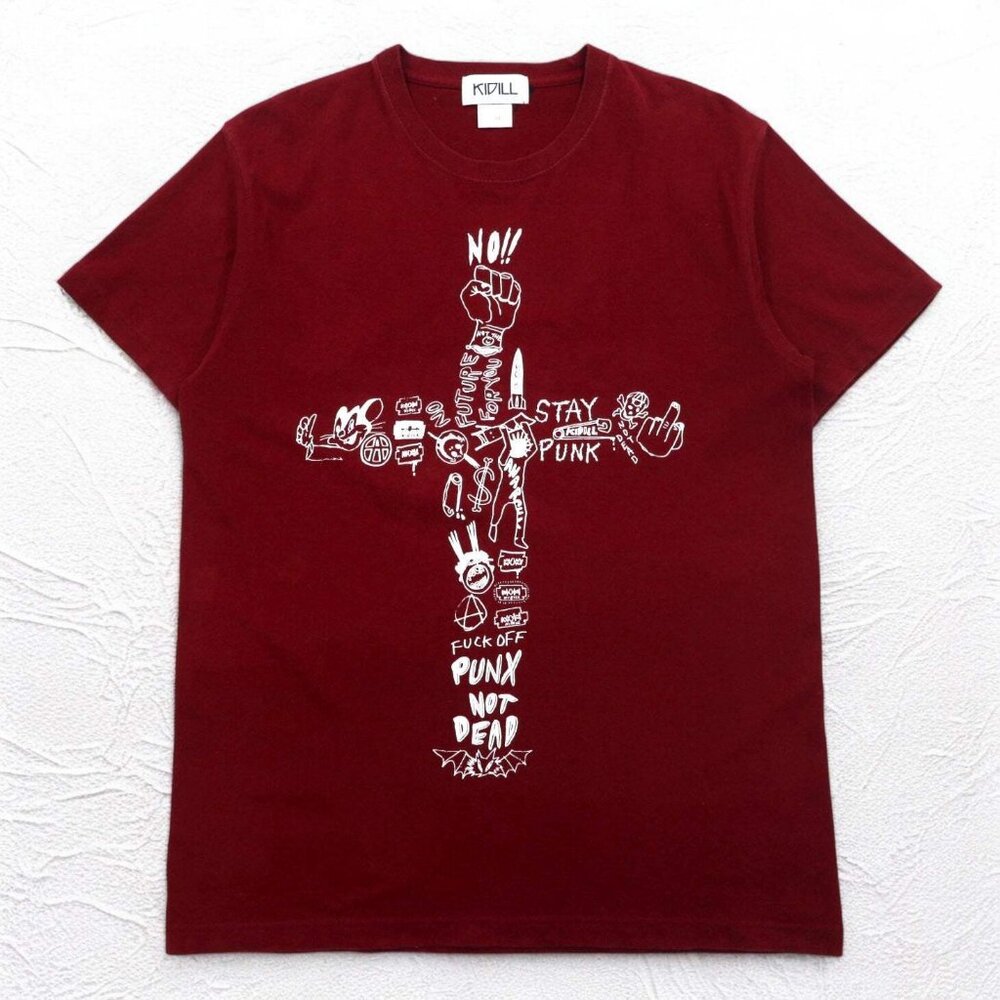 KIDILL Punk Cross Print T-Shirt -  Burgundy Cotton